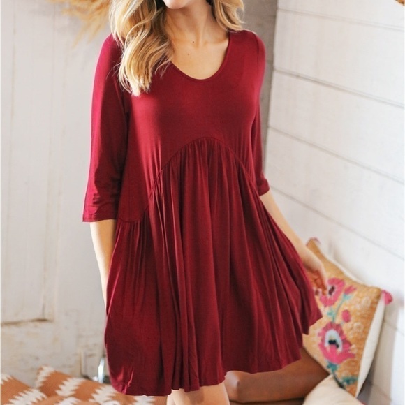 Burgundy solid Babydoll Mini Dress - Picture 1 of 13